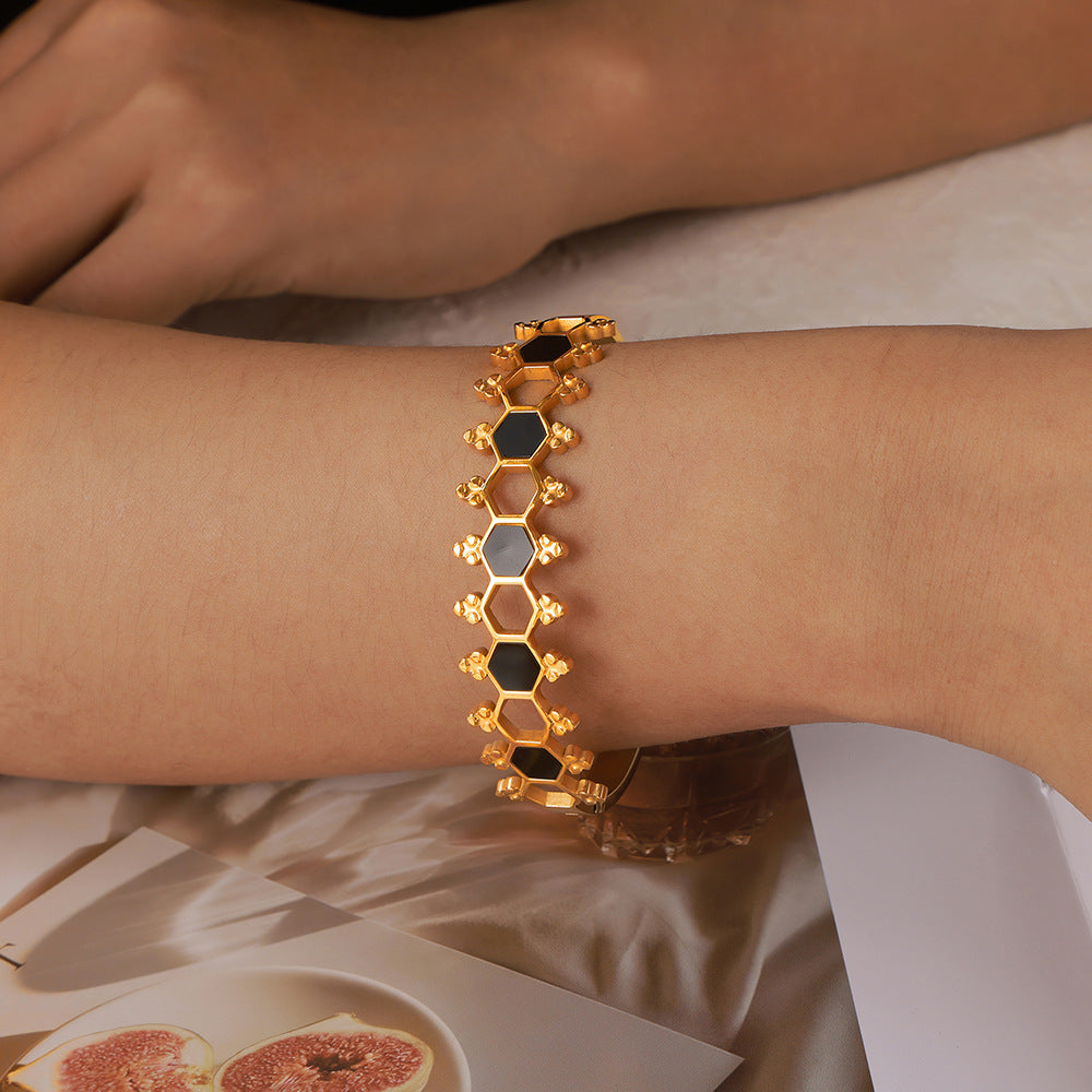 Hexagonal Acrylic Design Gold-Plated Steel Bracelet