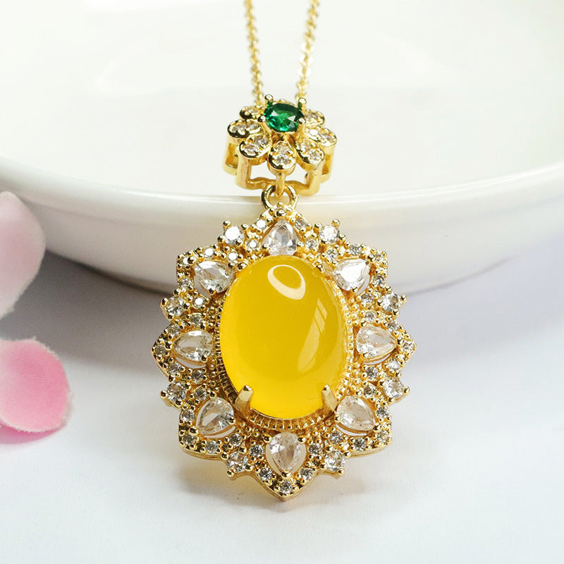 Golden Flower Pendant with Red Agate and Chalcedony Gems