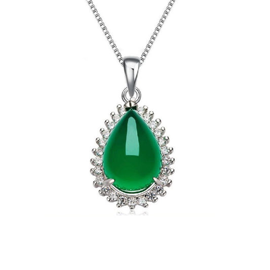 Green Chalcedony Water Droplet Halo Pendant Jewelry