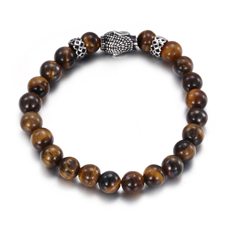 Retro European and American Men's Buddha Head Tiger Eye Beads Bracelet in Titanium Steel