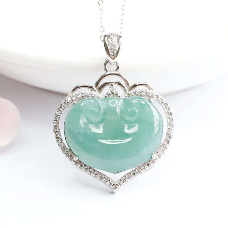 Ice Blue and Green Jade Sterling Silver Ruyi Hollow Love Zircon Necklace