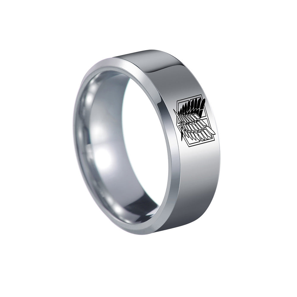 8MM Beveled Stainless Steel Ring with Laser Wings for Men by Planderful - Size 6-13