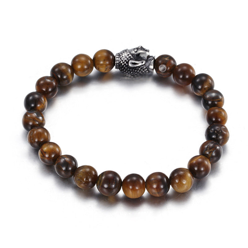 Custom Tiger Eye Bead Bracelet with Titanium Steel Buddha Head for Men - Trendy Retro Design