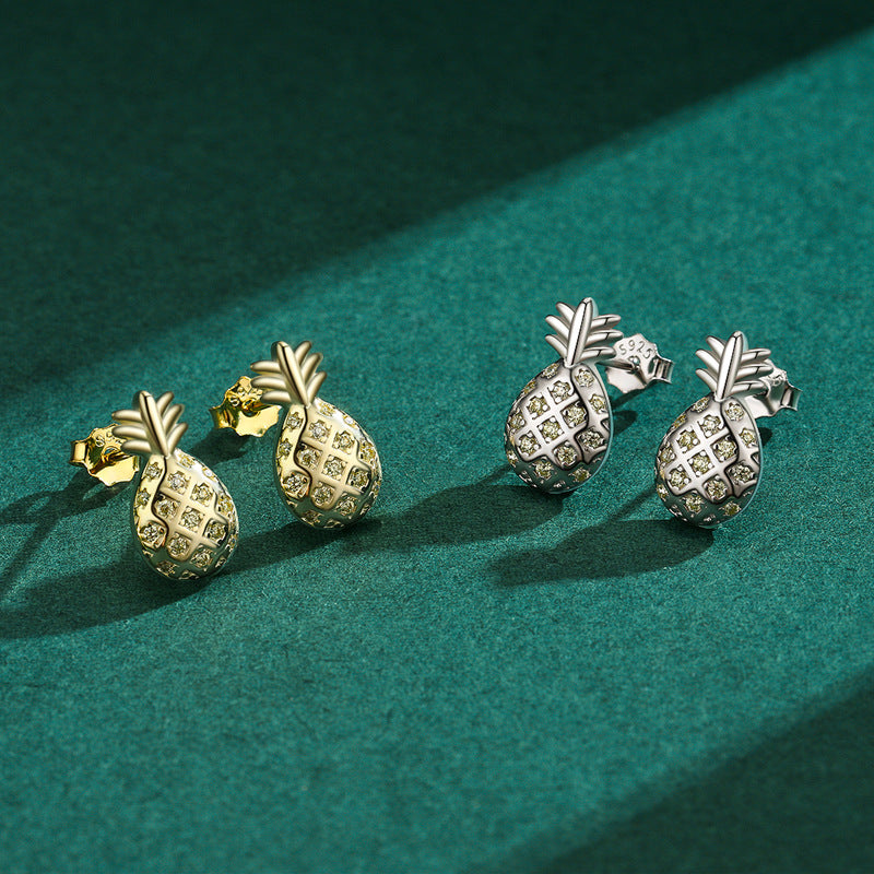 Pineapple Stud Earrings - Sterling Silver Jewelry with Zircon Gems