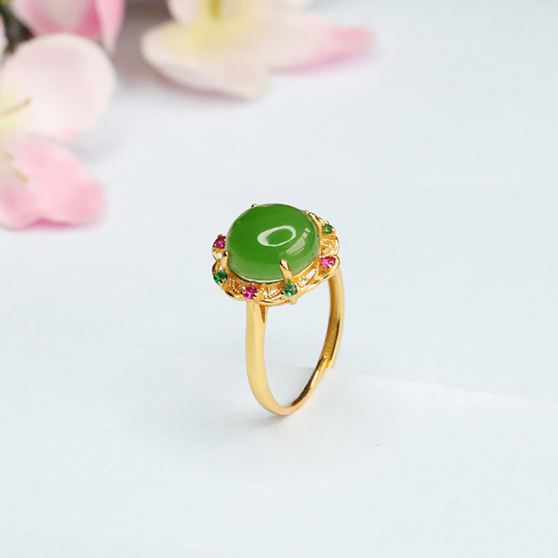 Sterling Silver Adjustable Green Jasper Hollow Flower Ring with Natural Hetian Jade and Zircon