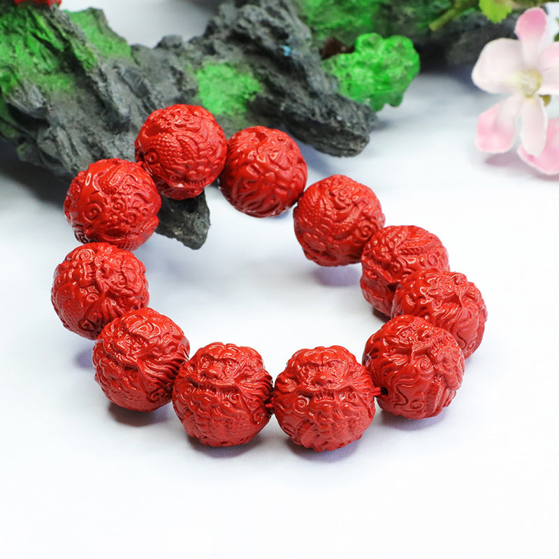 Dragon Head Red Cinnabar Bracelet with Sterling Silver Beads