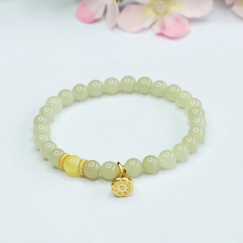 Honey Wax Lotus Seedpod Jade Bracelet with Sterling Silver Sailor String