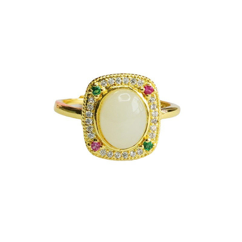 Oval Natural Hotan Jade Ring with Rectangle Zircon Accent