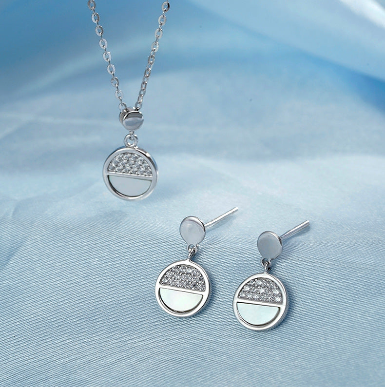 Round Disc Zircon Silver Necklace Earrings Set