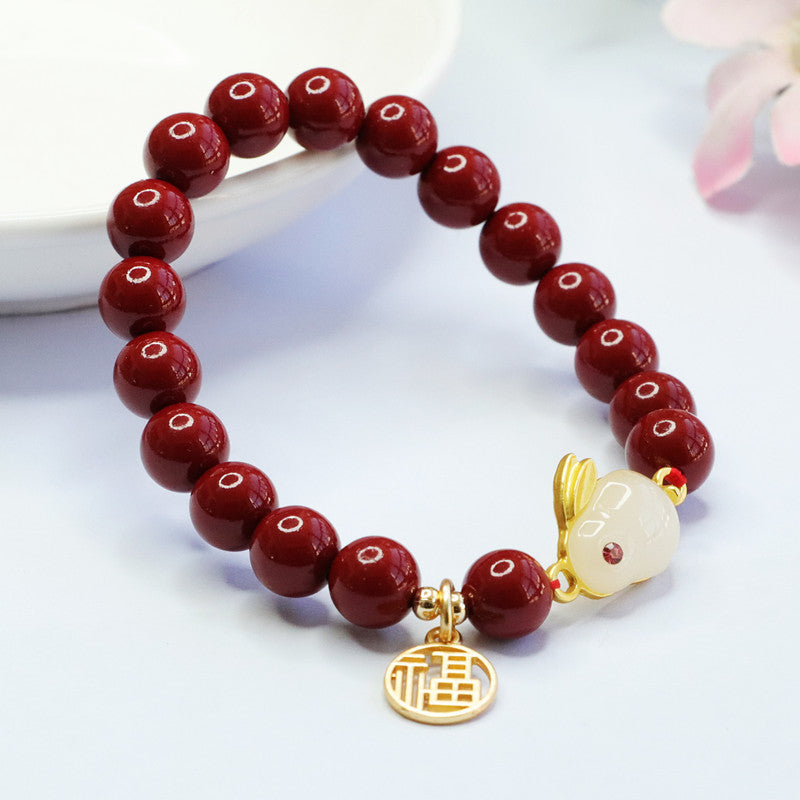 Purple Gold Sand Rabbit Jade Cinnabar Stone Bracelet - Sterling Silver