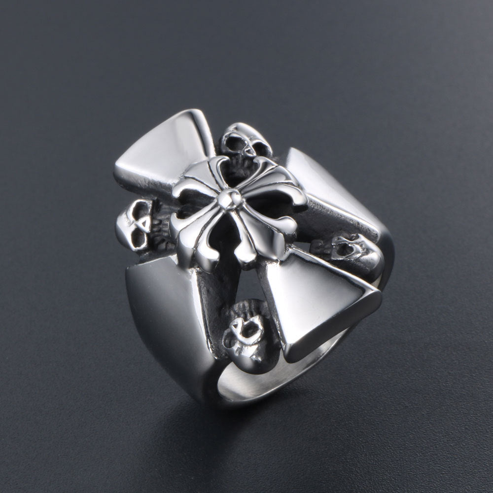 Titanium Steel Skull and Cross Flower Ring for Men - Retro Hip-Hop Jewelry