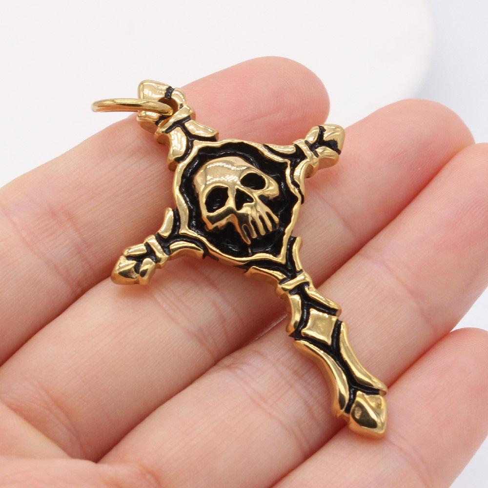 Halloween Skeleton Head Cross Titanium Steel Pendant for Men