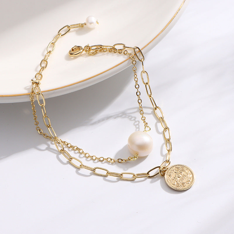 Luxurious Double-Layer Pearl Bracelet with Sterling Silver Chain