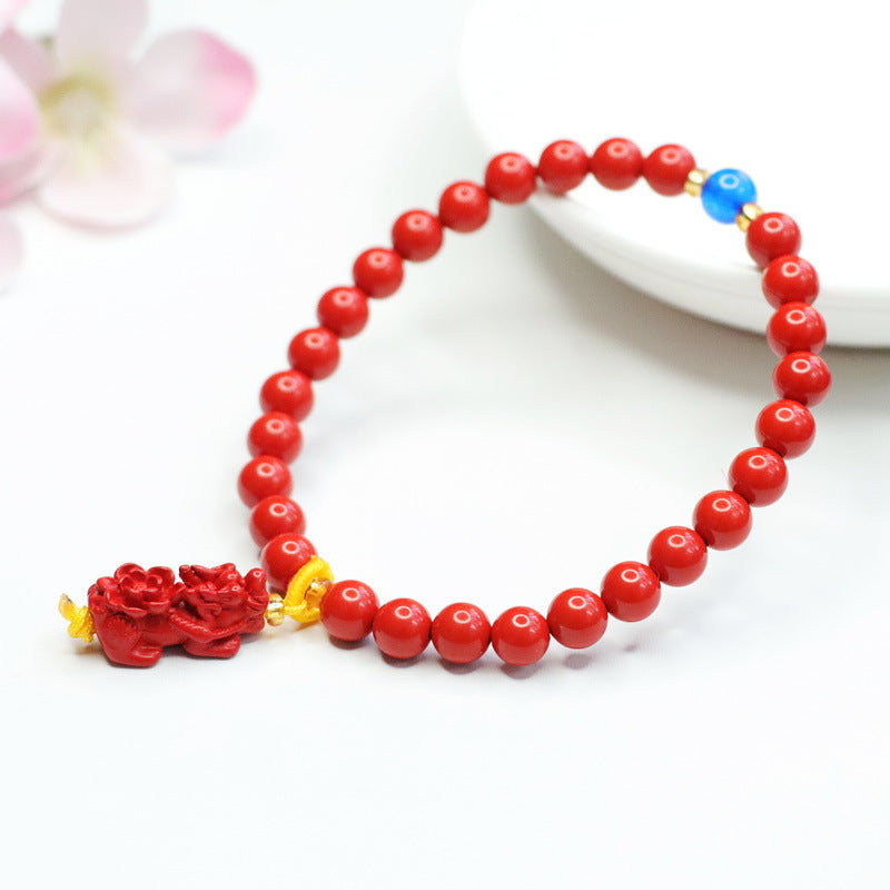 Red Sand Pixiu Lotus Bracelet with Cinnabar Stone