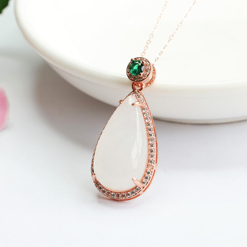 Water Droplet White Jade Necklace with Sterling Silver Jade Pendant