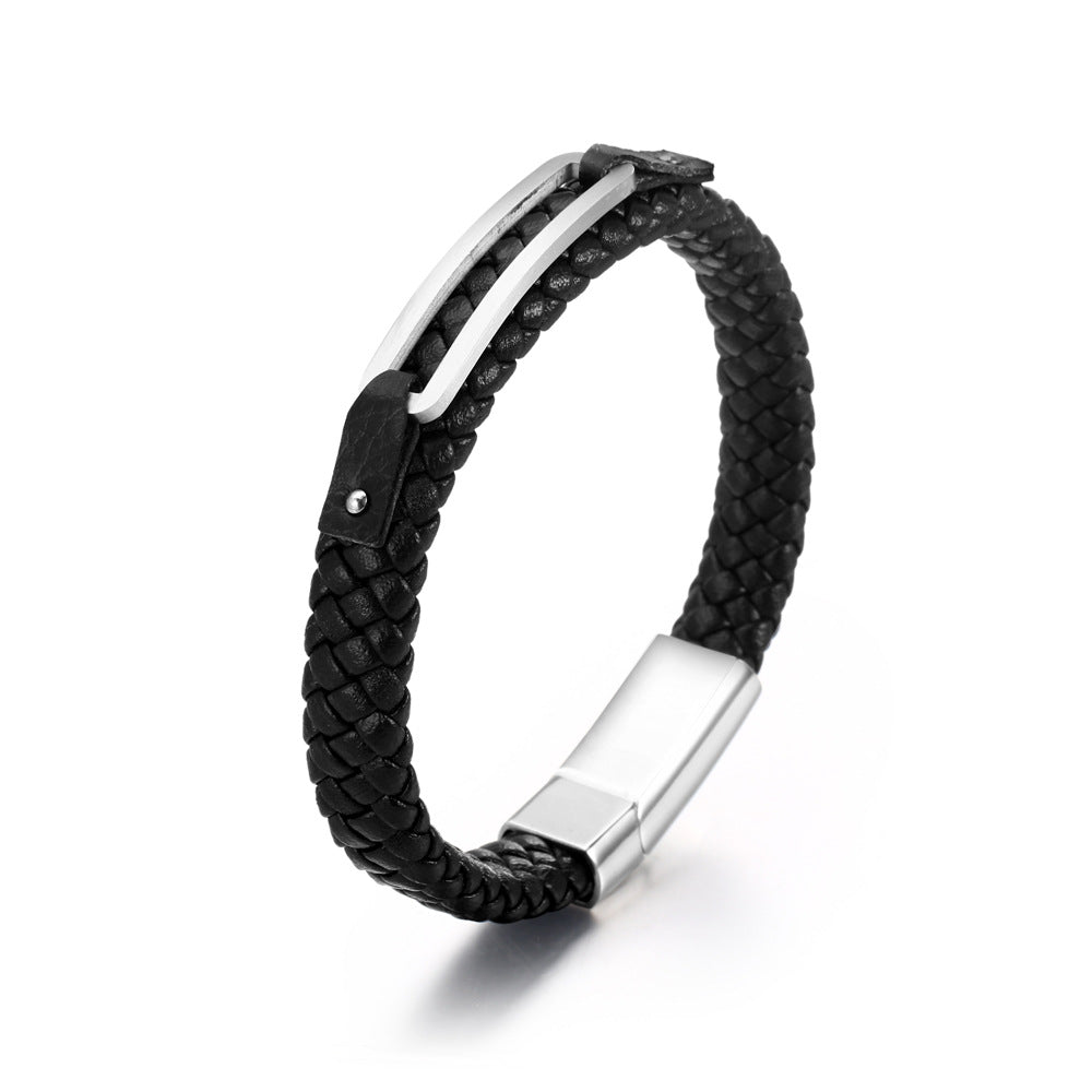 Stylish Woven Titanium Steel Men's Bracelet with Leather Accents