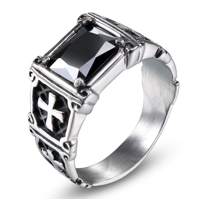 Men's Retro Red Diamond Cross Ring - Zircon-Encrusted Titanium Steel Fashion Accessory