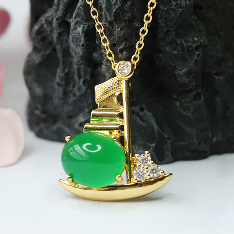 Emperor Green Chalcedony Round Bead Zircon Sailboat Pendant