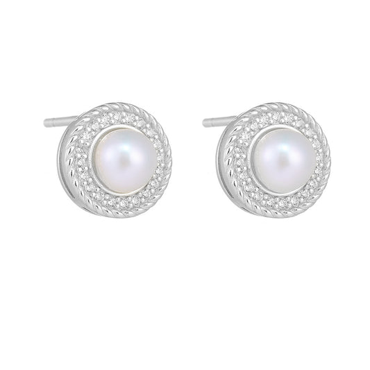 Retro Round Freshwater Pearl Zircon Halo Sterling Silver Stud Earrings