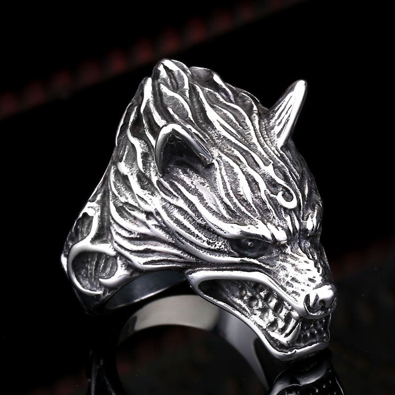 Nordic Viking Wolf Head Ring for Men - Stainless Steel Cross-Border Jewelry