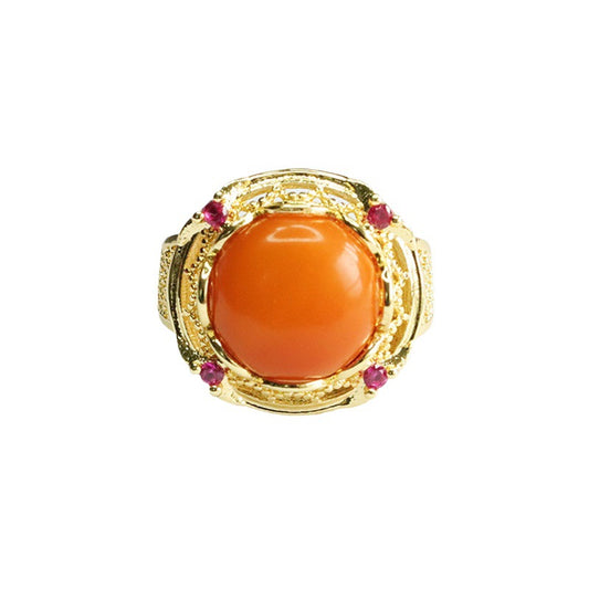 Golden Honey Wax Amber Fortune Ring with Sterling Silver