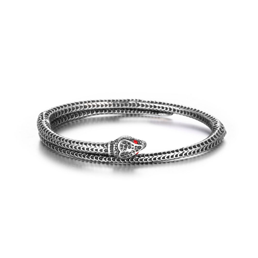 Stylish Unisex Snake-Inspired Titanium Steel Bracelet with Striking Red Zircon - Vintage Wholesale Accessory