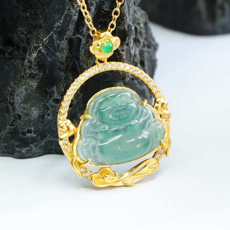 Buddha Hollow Circle Sterling Silver Jade Pendant Necklace