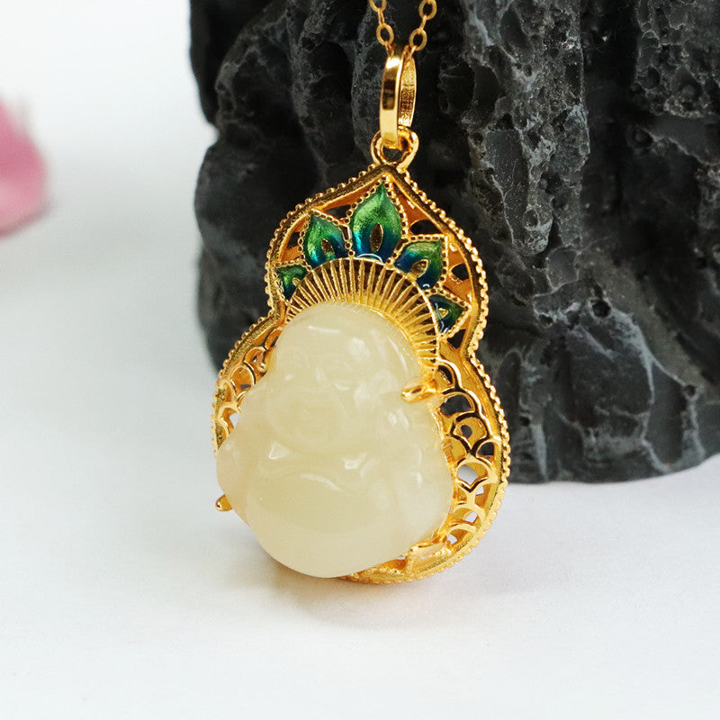 S925 Silver Natural Hotan Jade Pendant Buddha Hollow Necklace