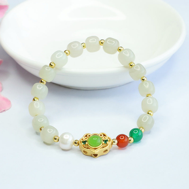 Fortune's Favor Sterling Silver Bracelet with Jade, Pearl, and Chalcedony Gems