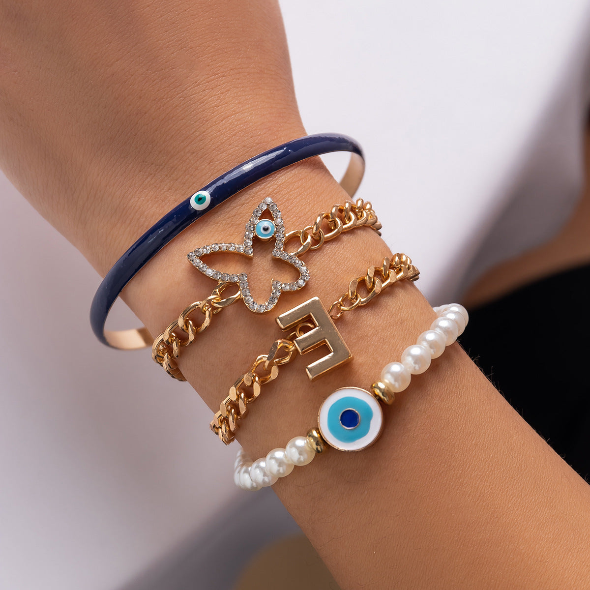 European and American Cross-border Jewelry Personalized Imitation Pearl Bracelet Creative Dripping Eye Butterfly Bracelet Set