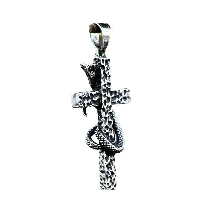 Vintage Nordic Titanium Steel Cross Snake Pendant for Men - Wholesale Stainless Steel Python Jewelry