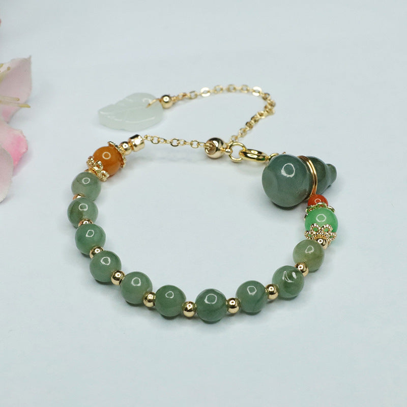 Green Gourd Leaf Jade Stone Sterling Silver Bracelet