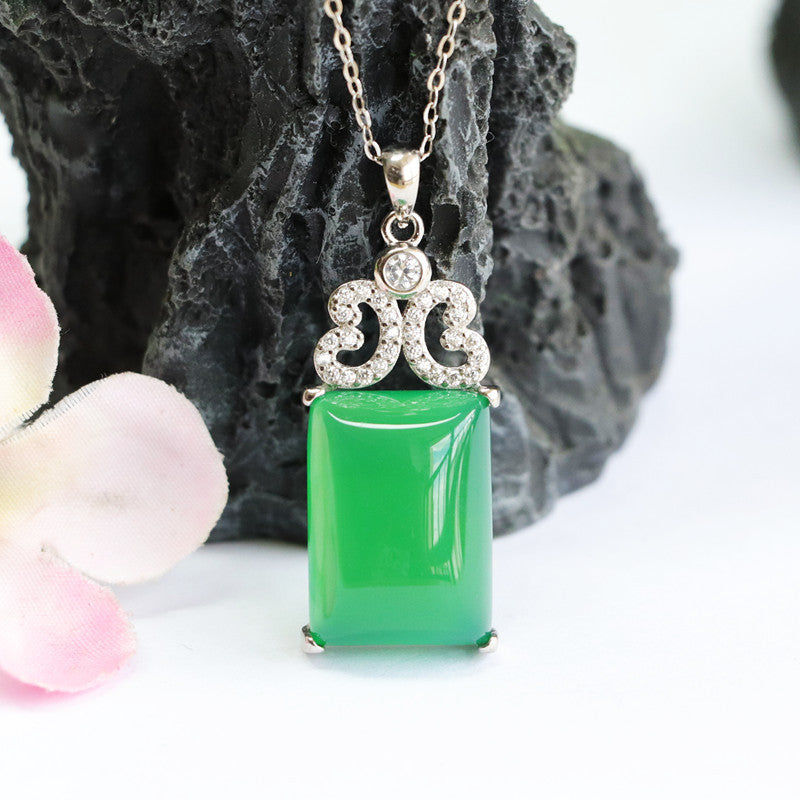 Silver Butterfly Necklace with Green Chalcedony Gem