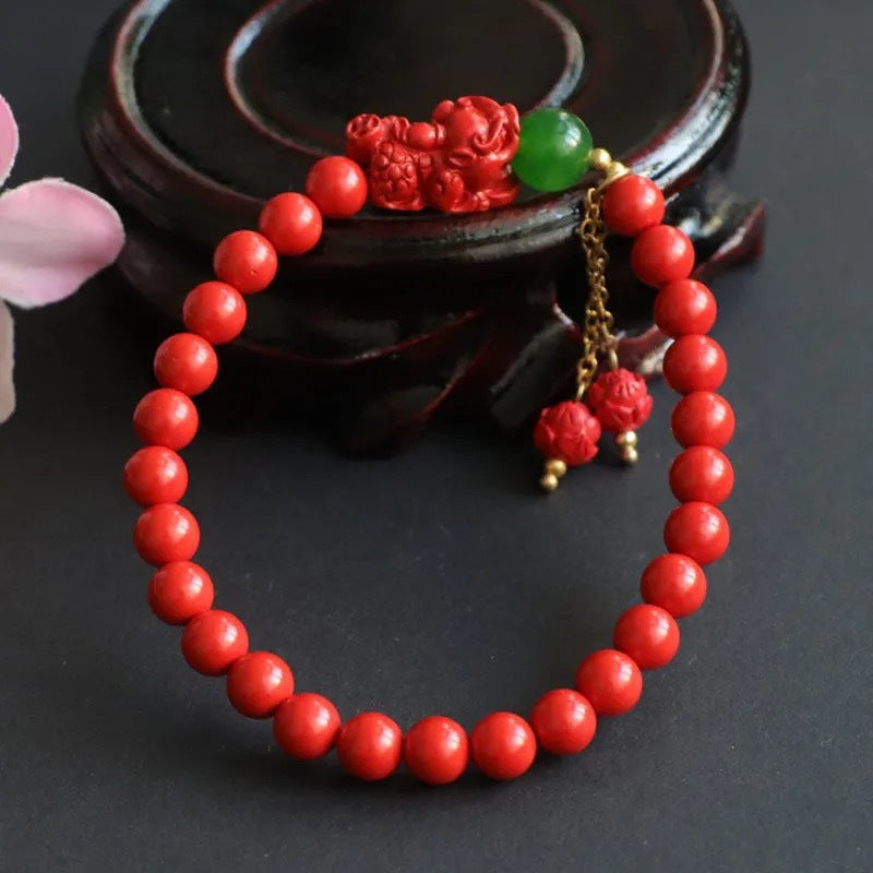 Red Sand Pixiu Fortune's Favor Sterling Silver Bracelet with Cinnabar Stone