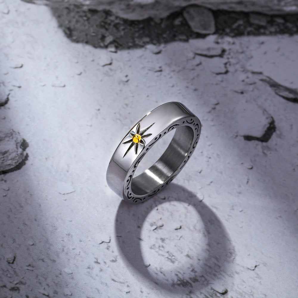 Vintage Titanium Steel Sunflower Ring for Men - Stylish and Simple Fashion Accessory