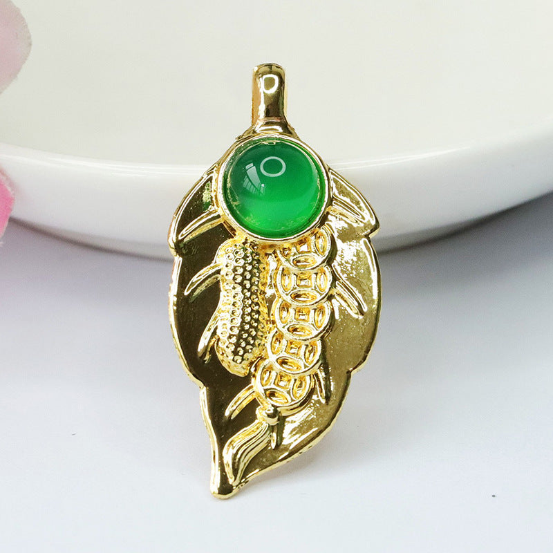 Round Agate Golden Leaf Pendant Jewelry