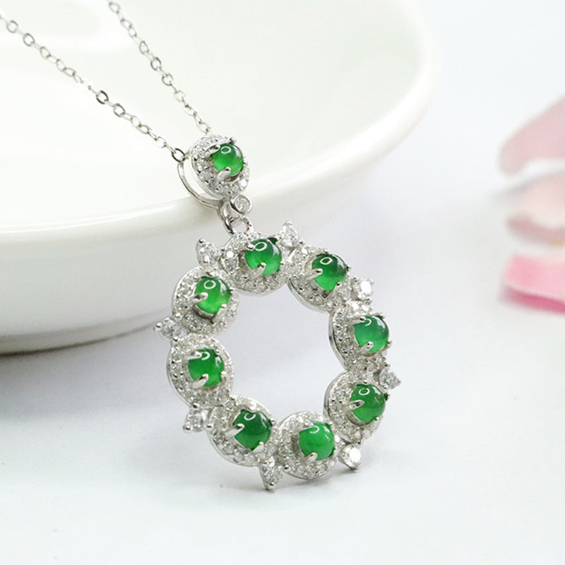 Sterling Silver Necklace with Ice Emperor Green Jade Ring Pendant