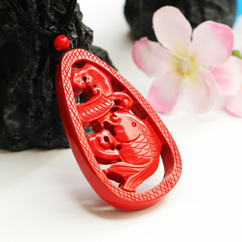 Elegant Vermilion Sand Fish Pendant with Cinnabar Stone