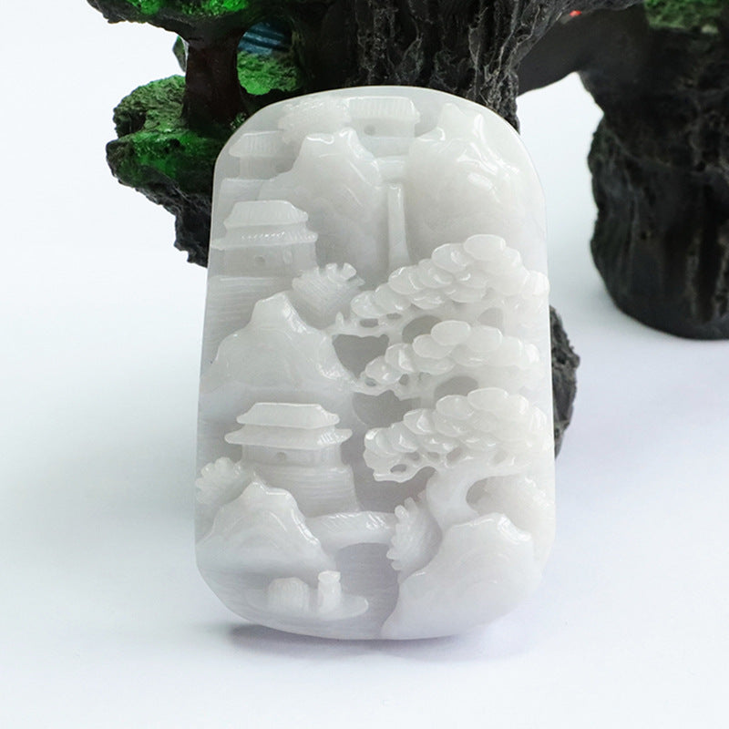 A Grade White Jade Landscape Pendant with Sterling Silver Needle