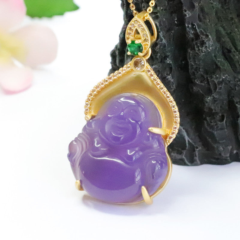 Golden Necklace with Purple Chalcedony Buddha Pendant