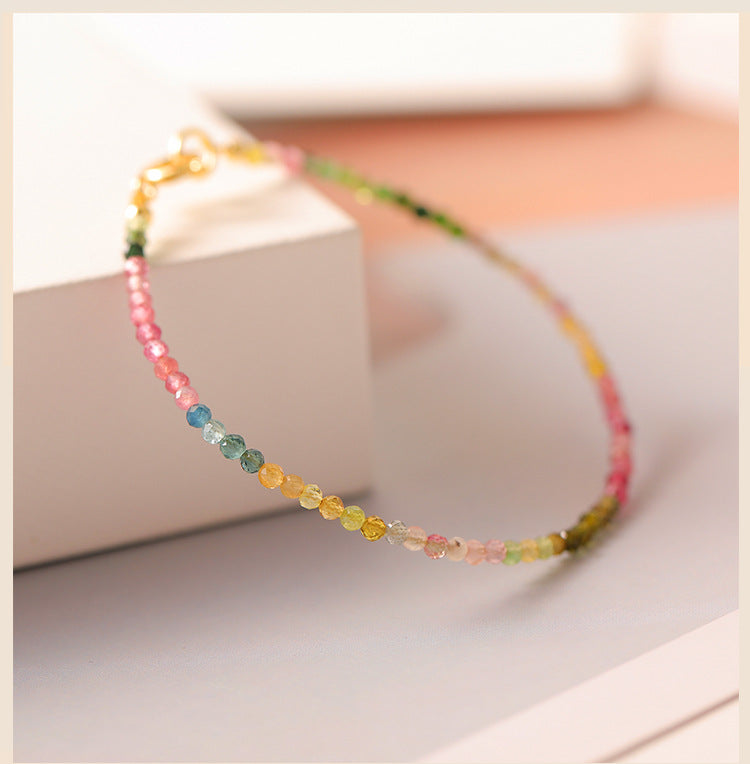 Exquisite 2mm Rainbow Tourmaline Bracelet with 14k Gold Accent