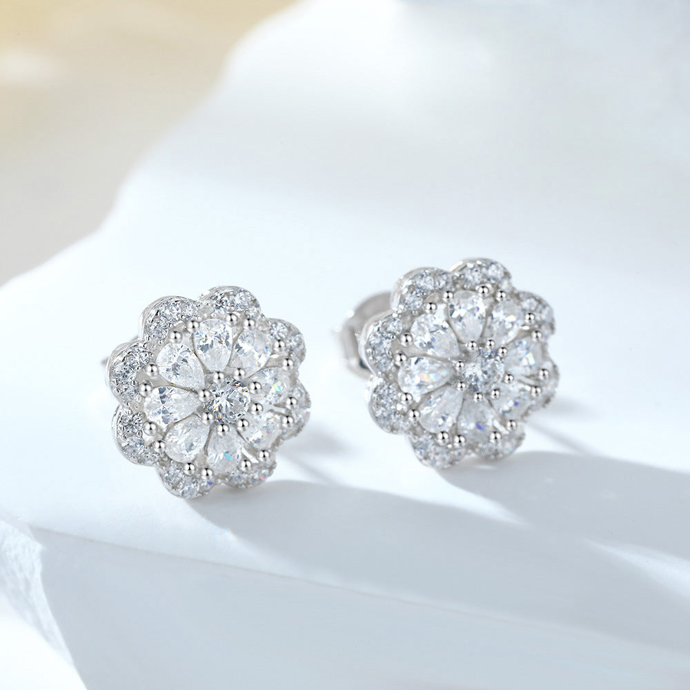 Full Zircon Flower Sterling Silver Stud Earrings