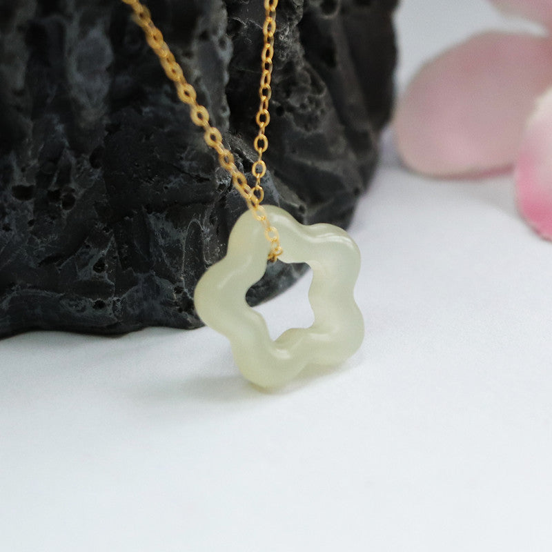 Handcrafted Sterling Silver Jade Flower Necklace with Hollow Design