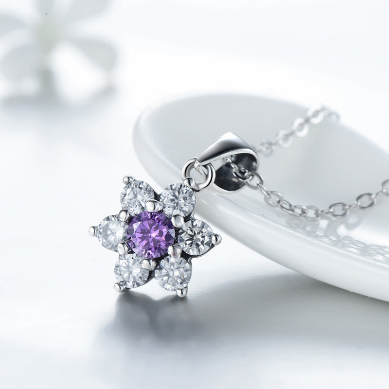 Stylish Sterling Silver Necklace with Purple Zirconium Flowers