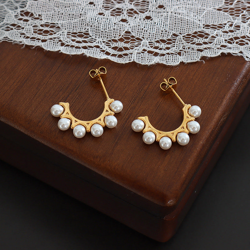 Elegant Titanium Gold-Plated Pearl Earrings by Planderful Collection