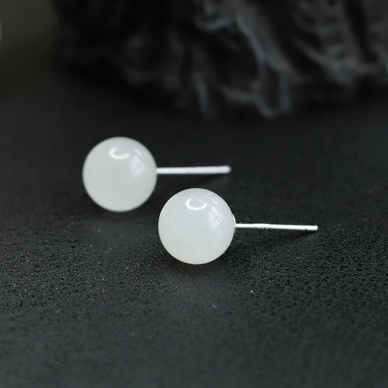 S925 Sterling Silver White Jade Bead Stud Earrings