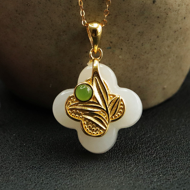 Sterling Silver Four Leaf Grass Hotan Jade Pendant Necklace