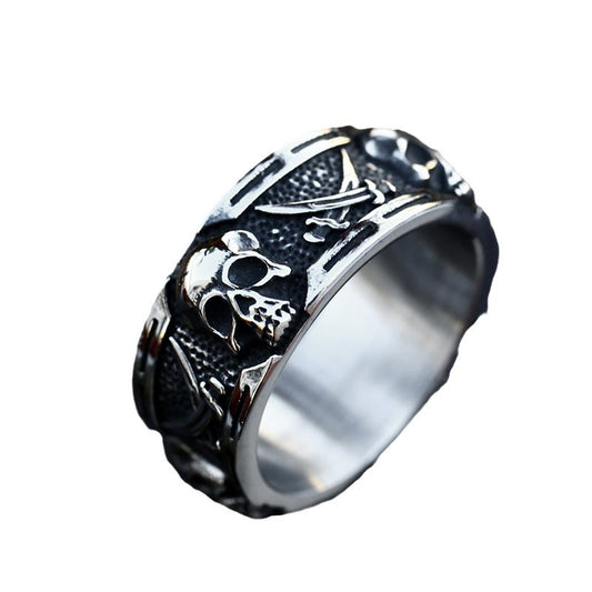 Stainless Steel Punk Hip-Hop Skull Ring for Men - Double Sickle Design in Titanium Steel, Wholesale Options Available