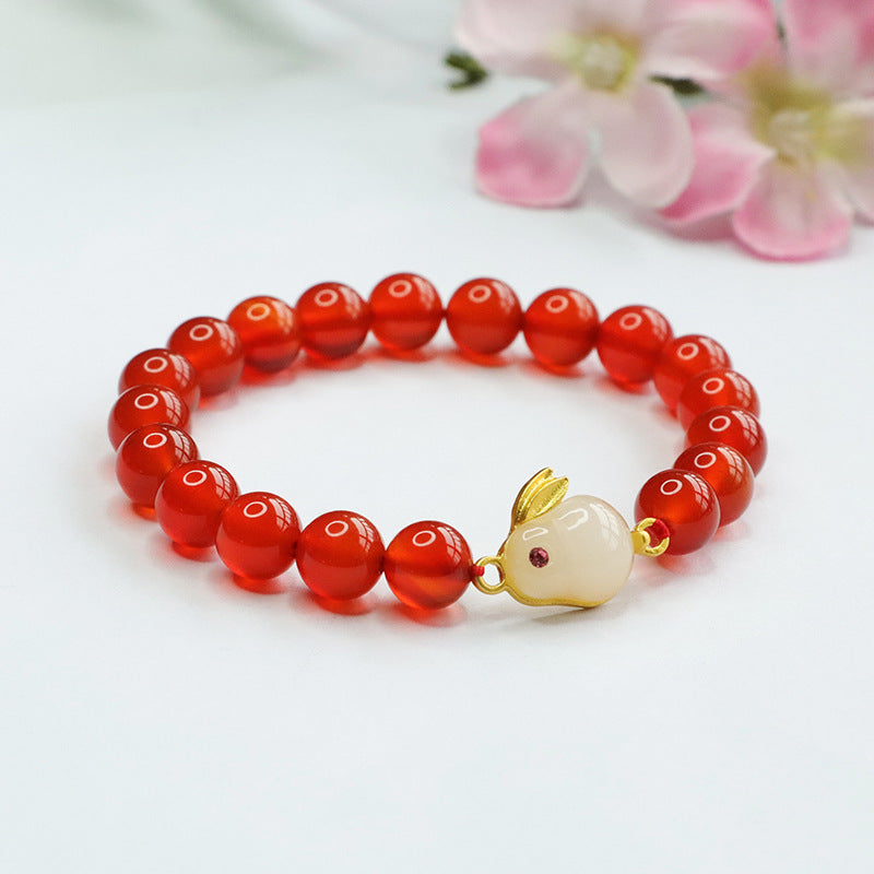 Fortune's Favor Sterling Silver Red Agate Rabbit Jade Bracelet