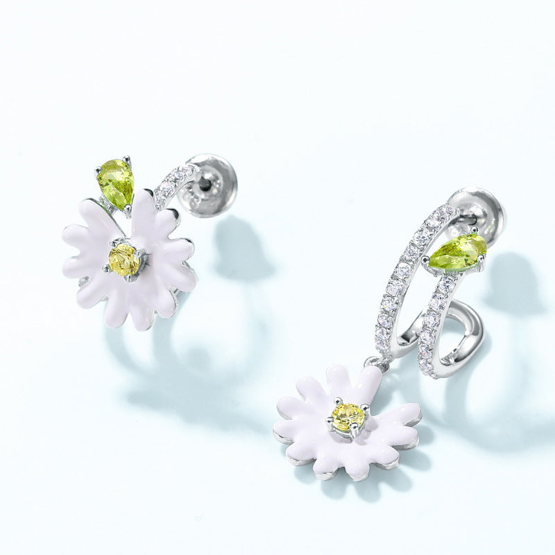 Little Daisy Olive Green Zircon Asymmetric Sterling Silver Earrings